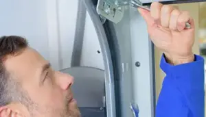 An expert inspecting a garage door spring.