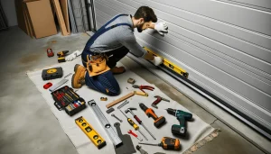 A technician testing a garage door's opening mechanism.