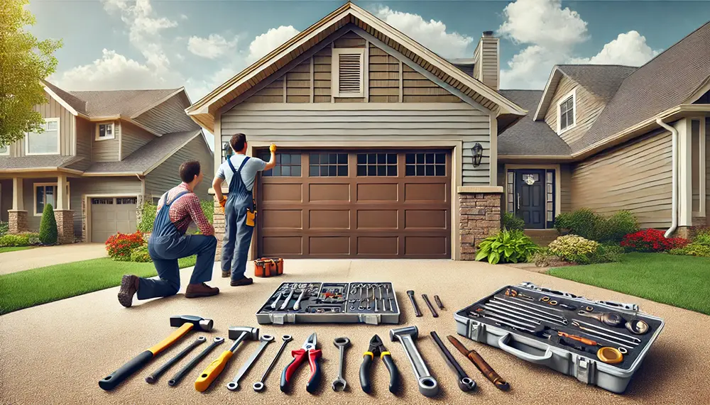 A professional doing a garage door track repair in Minneapolis.